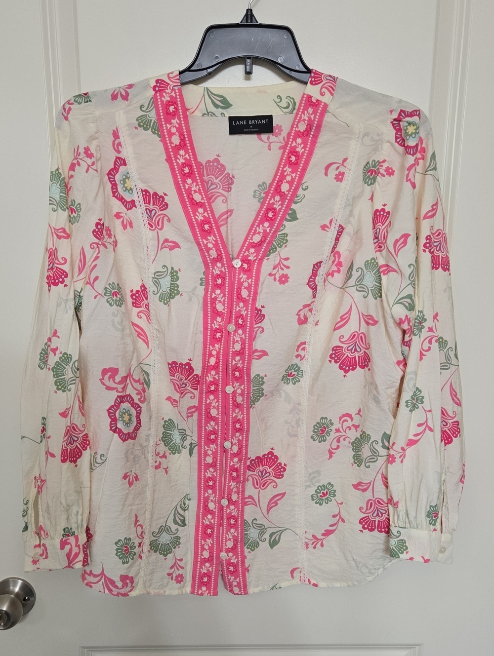 Lane Bryant Cream Tunic Top with Pink Floral Trim